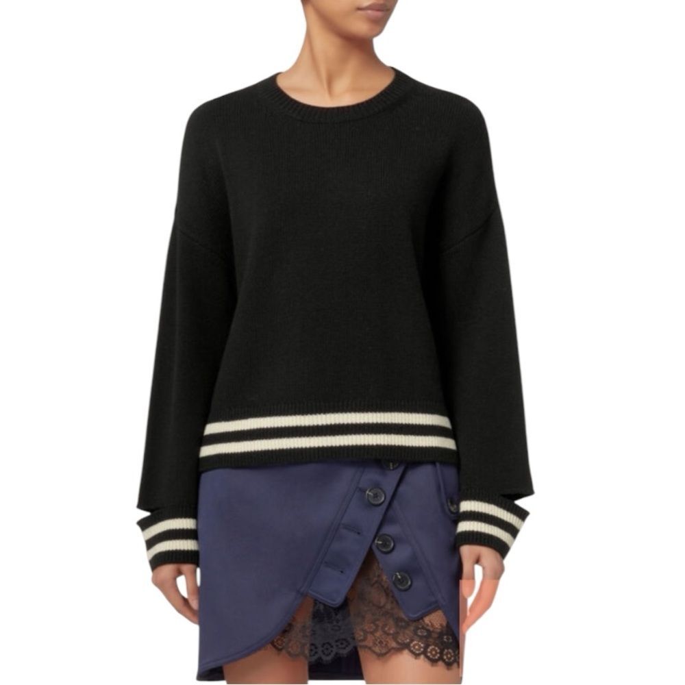 Intermix Bowie  Stripe Cropped Knit Top Women's Black Sweater with White Stripes